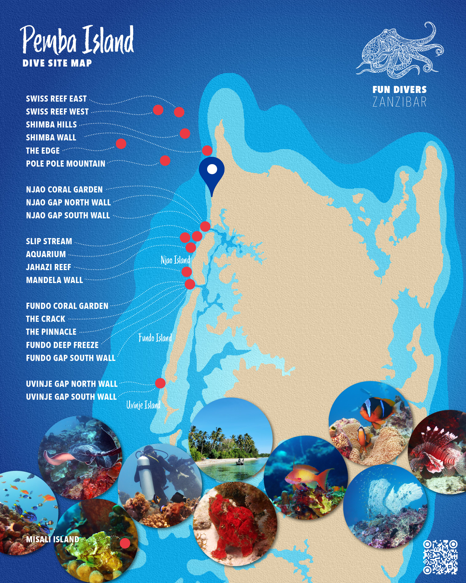 An informative map showcasing the premier dive sites in Pemba Island. Key locations such as Swiss Reef, Shimba Reef, The Edge, Pole Pole Mountain, Njao, Fundo, Uvinje and Misali Island are clearly marked, highlighting the best spots for underwater exploration and coral reef discovery.
