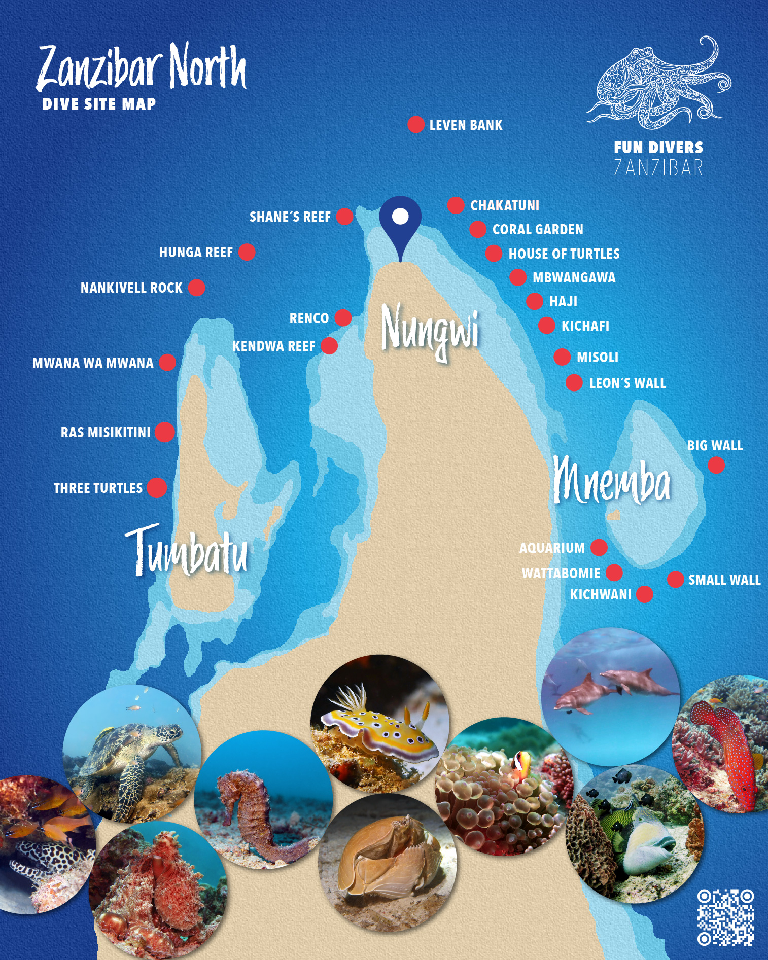 An informative map showcasing the premier dive sites in Northern Zanzibar. Key locations such as Tumbatu, Nungwi, Leven Bank, and Mnemba Island are clearly marked, highlighting the best spots for underwater exploration and coral reef discovery.